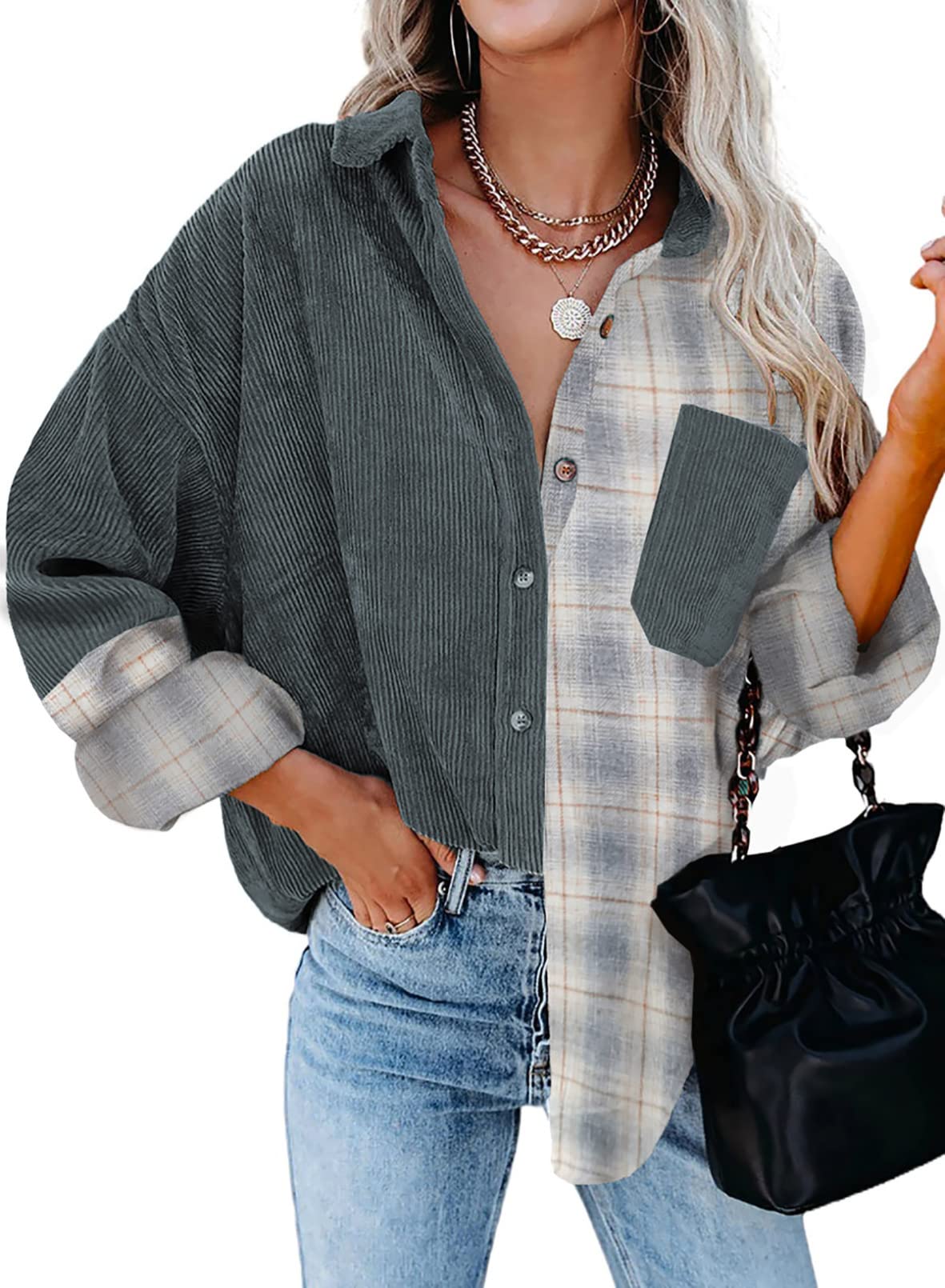 DokotooWomens Shacket Contrast Patchwork Corduroy Shirt Long Sleeve Button Down Shirts Oversized Blouses Tops Jacket