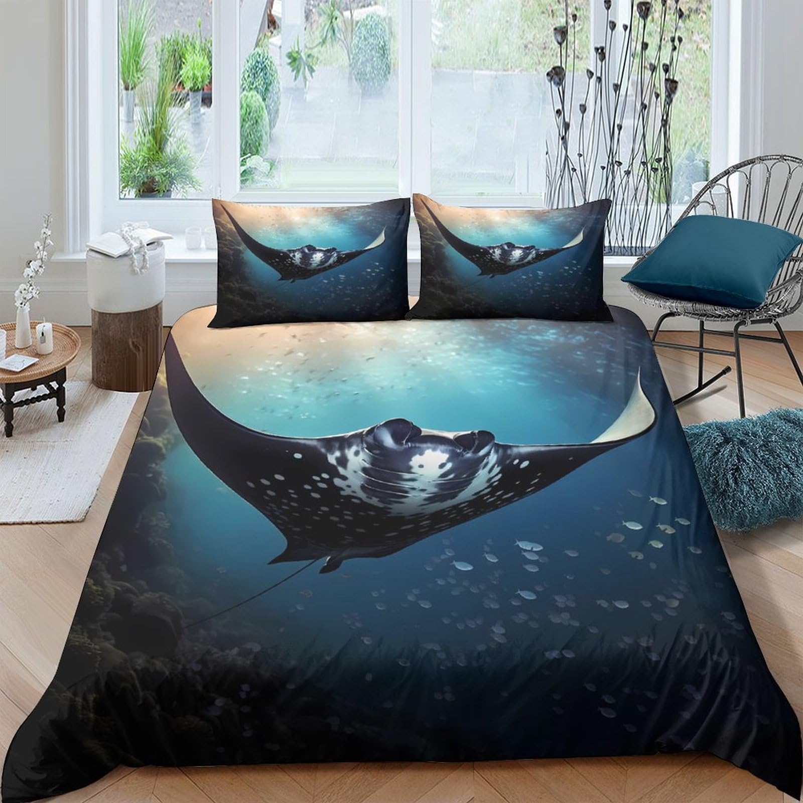 Ctjqhvkz Style-8 3D Printed Ocean Manta Ray Fitted Sheet Microfiber Soft Anti-Slip Sea Underwater Bed Cover For Bedroom Guest Room Single（135X200cm）