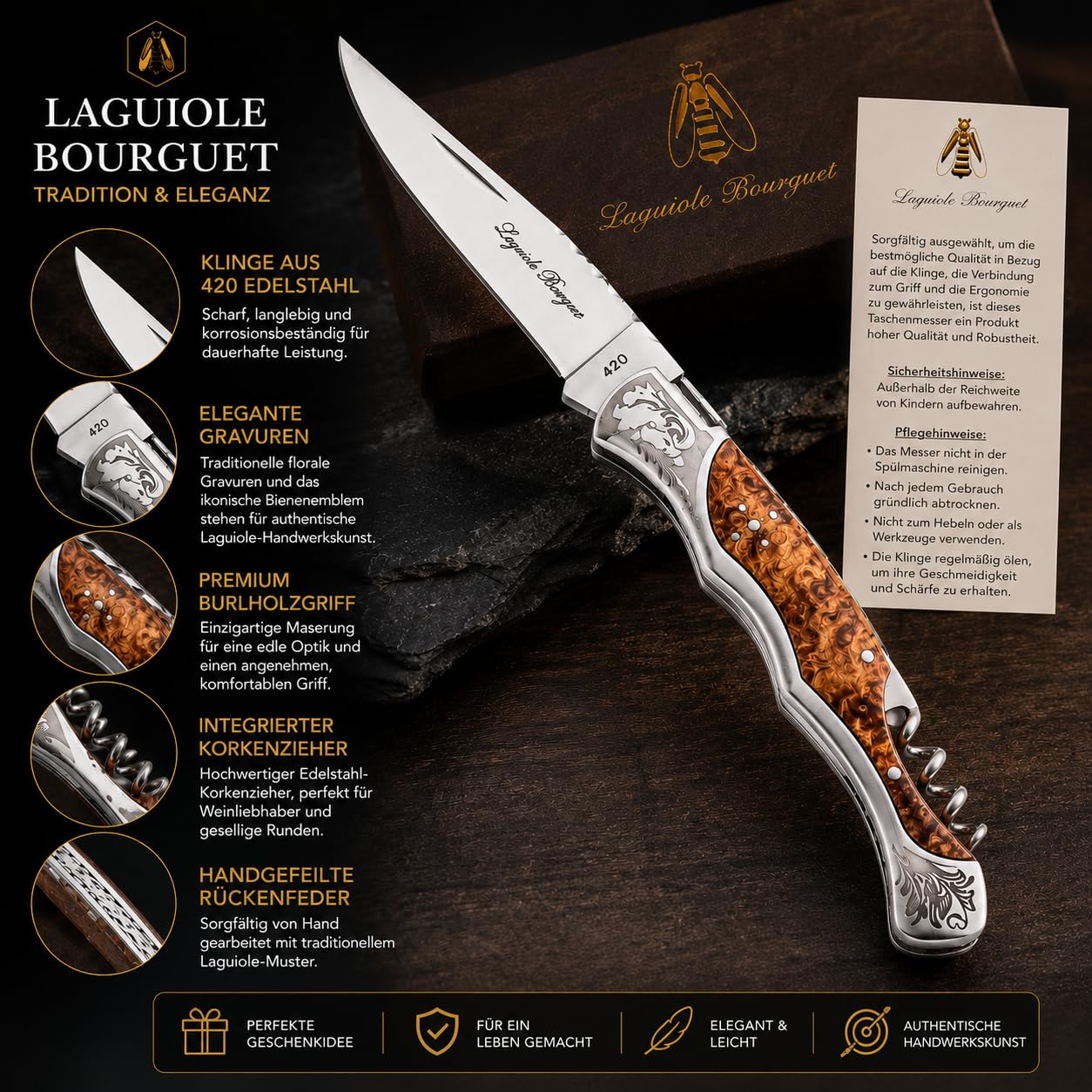 Couteau Pliant Manche en Bois – Couteau de Poche pour EDC & Outdoor