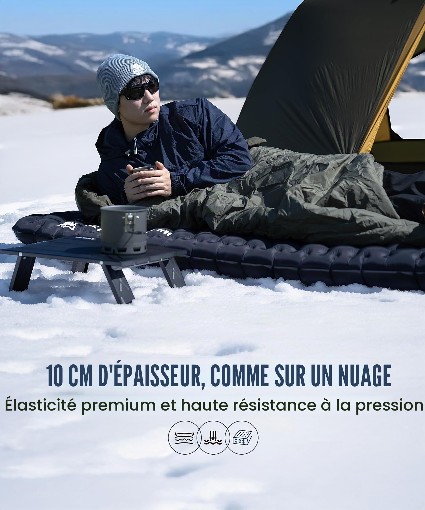 OneTigris NOBLEJADE Matelas isolant d'extérieur pliable avec sac de pompe, 10 cm d'épaisseur, ultra léger, pour 1 personne, matelas de camping gonflable pour la randonnée, la voiture (valeur R 7,3)