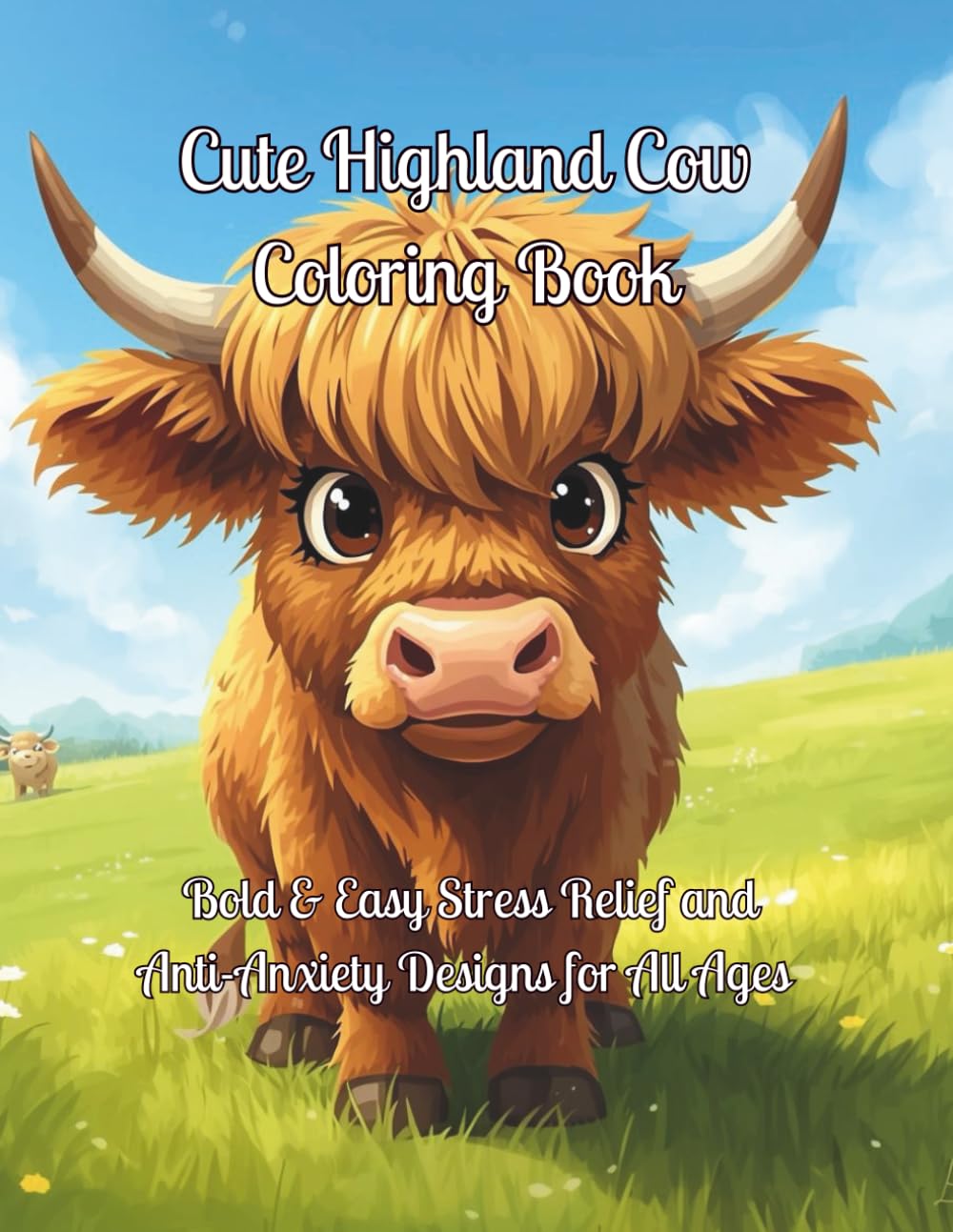 Cute Highland Cow Coloring Book: Bold & Easy Stress Relief and Anti-Anxiety Designs for All Ages