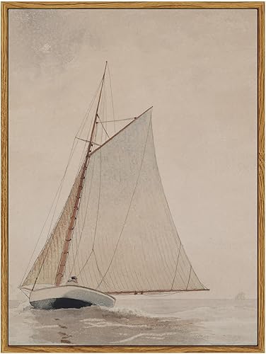 InSimSea Lienzo enmarcado grande, barco de vela blanco, paisaje marino, acuarela, pintura vintage, impresiones artísticas costeras para sala de