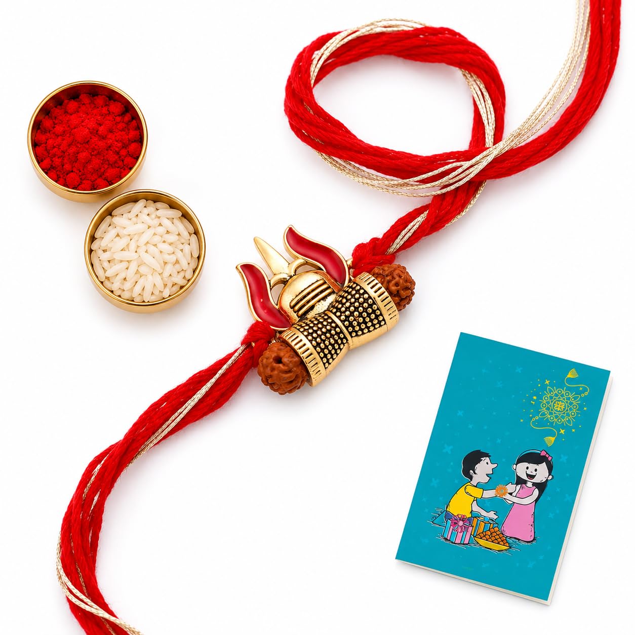 kaameri bazaar Spiritual Rudraksh Trishul Rakhi for Brother | Damru Designer Rakhi with Roli Chawal and Greeting Card | Traditional Raksha Bandhan Rakhi Gift for Bhai-picture-30