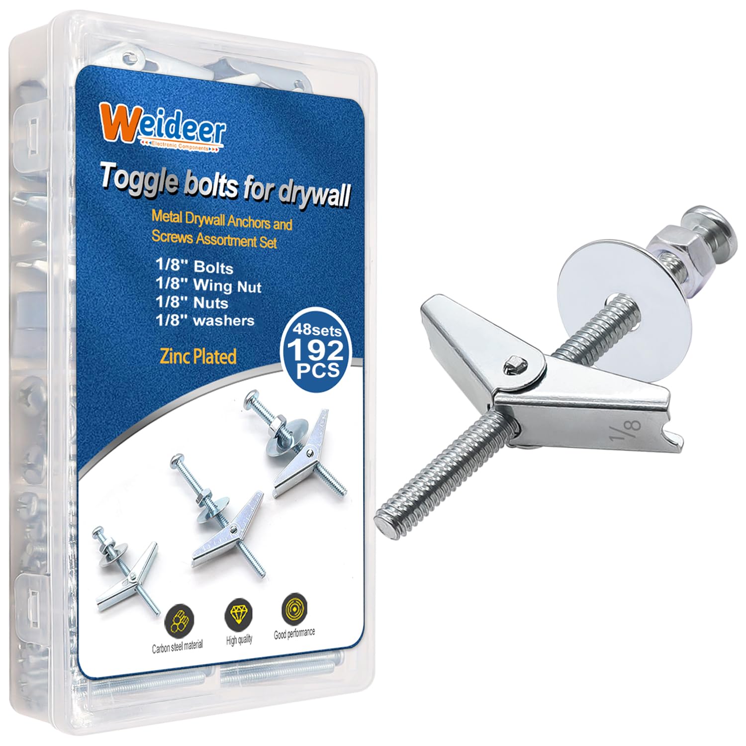 weideer 192Pcs Toggle Bolts 1/8" Heavy Duty Drywall Anchors and Screws Assortment Set Toggle Bolts and Wing Nut Kit with Nuts washers (48sets)