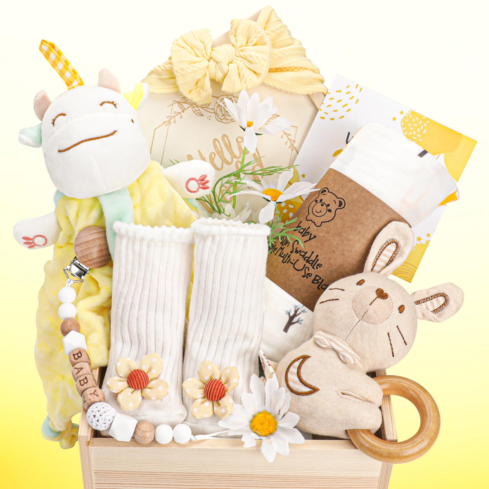 Elysirise Regalos para niñas recién nacidas Artículos esenciales para bebés Canasta de madera para bebé Canasta de regalo Manta de envolver Sonajero Diadema Lazo para bebé
