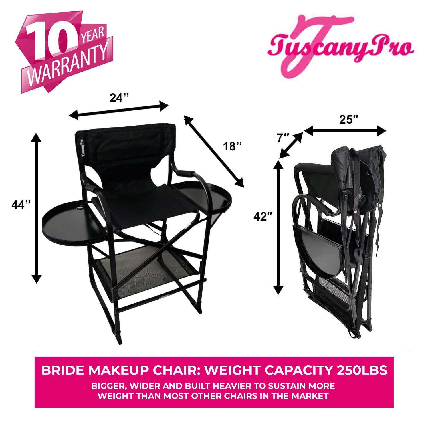 Tuscany Pro Bridal Tall Heavy Duty Director Chair - Perfect for Wedding Makeup for Bride - Italian Design with Adjustable Seat Height - Carry Bag Included