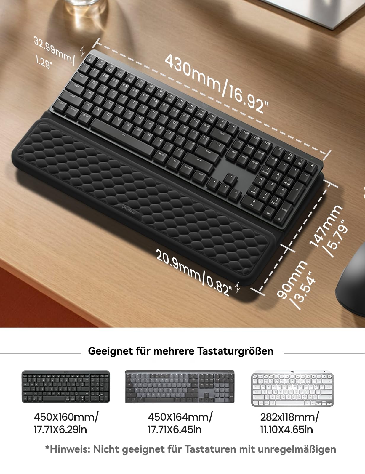 VAYDEER Handballenauflage mit Tastaturständer ｜430 * 237mm｜Ergonomische Tastaturablage mit weichem Memory-Schaum｜Tastaturhalter & Handgelenkauflage für Büro, Zuhause und Schule, Schwarz
