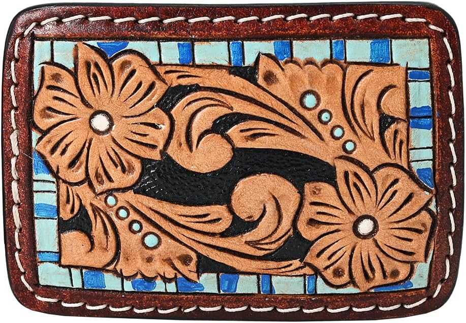 American Darling Floral Hand Carved Painted Belt Buckle Genuine Leather Covered Stylish