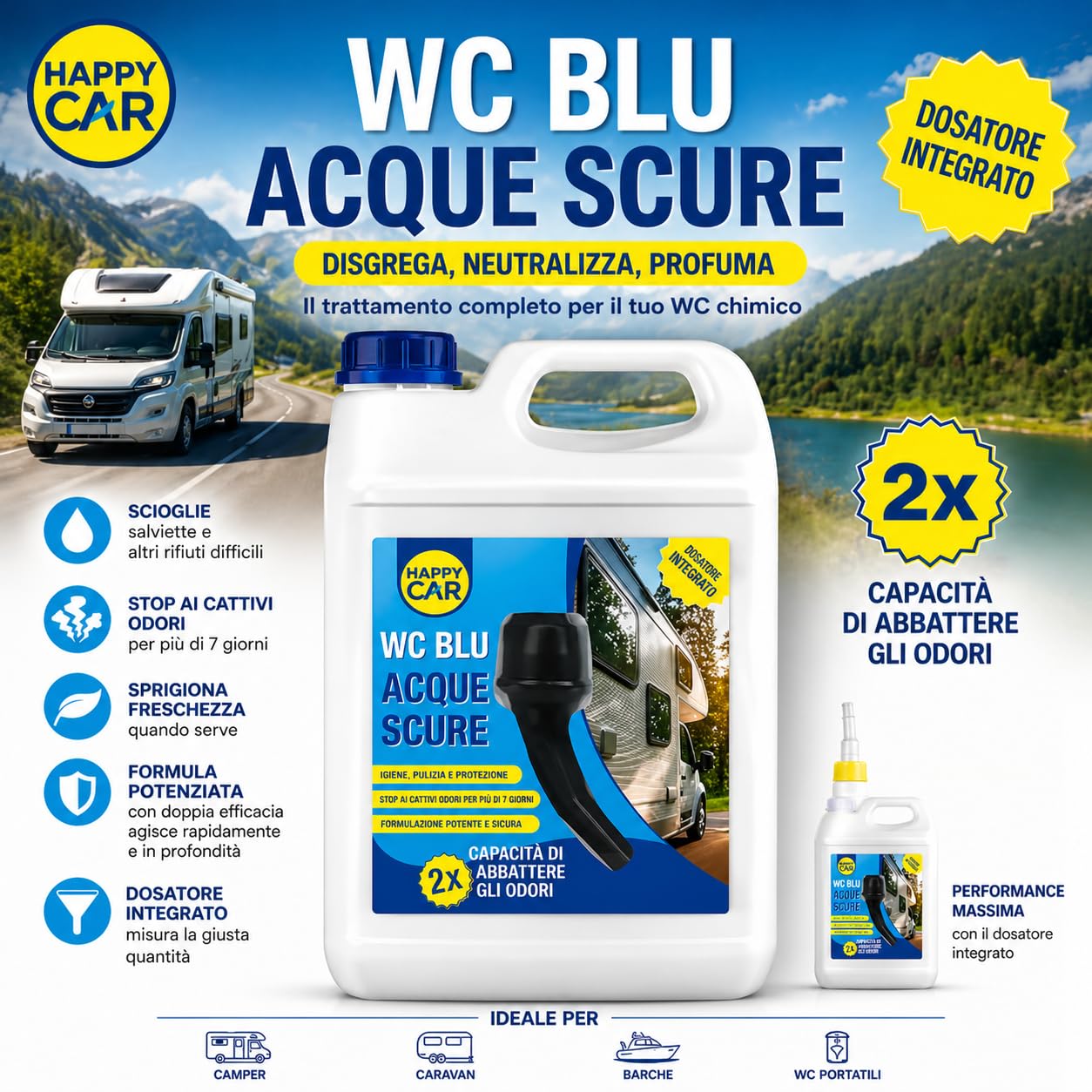 HappyCar Disgregante WC Camper Blu 5L - Liquido Acque Nere per Roulotte, Stop Cattivi Odori, Profumazione Reattiva e 2X Potere Deodorizzante con Dosatore Incluso - Made in Italy