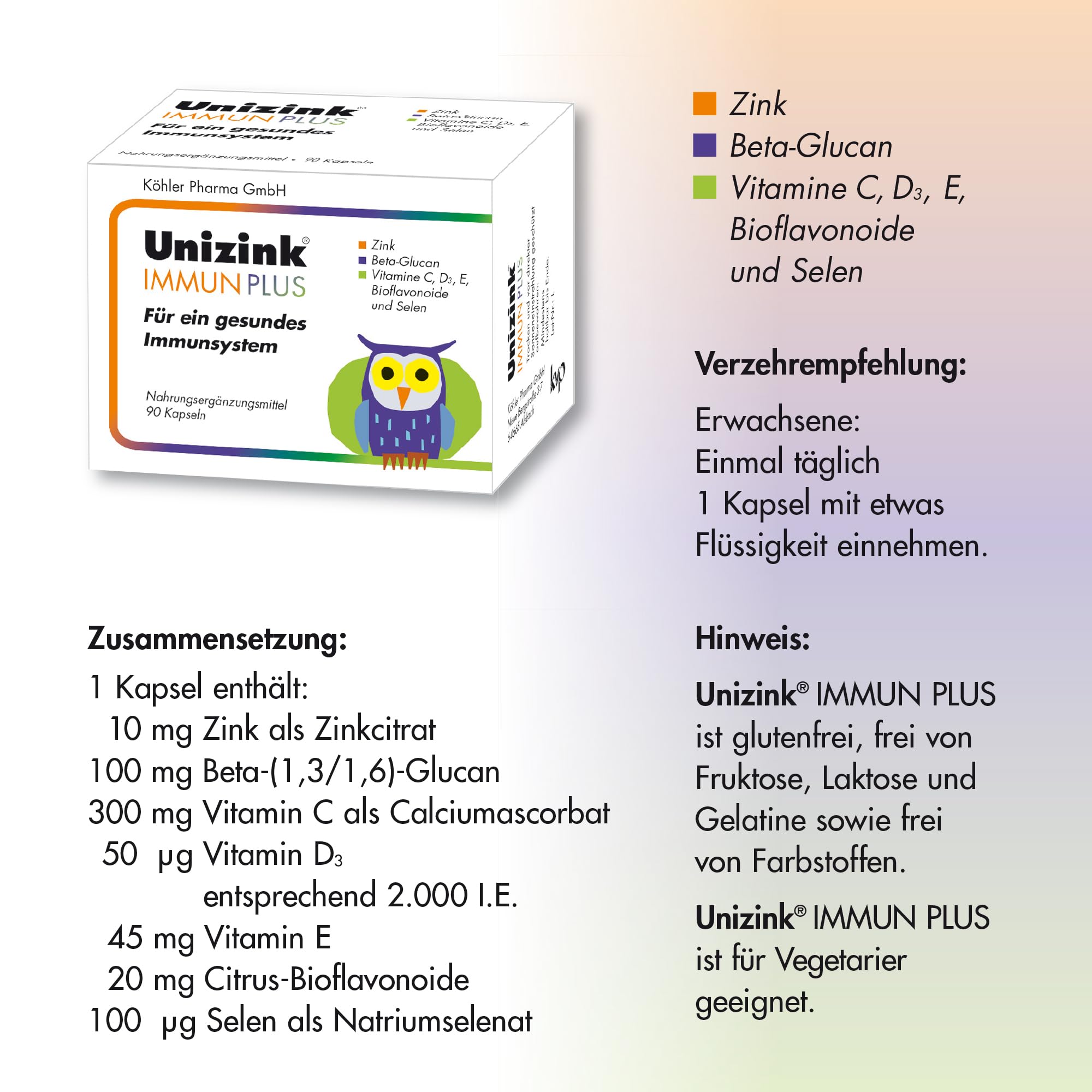 Unizink IMMUN PLUS – Nährstoff-Komplex mit Zink, Vitamin C, D3 und E sowie Selen, Bioflavonoiden und Beta-Glucan, unterstützt eine normale Funktion des Immunsystems, gluten- & laktosefrei, 60 St