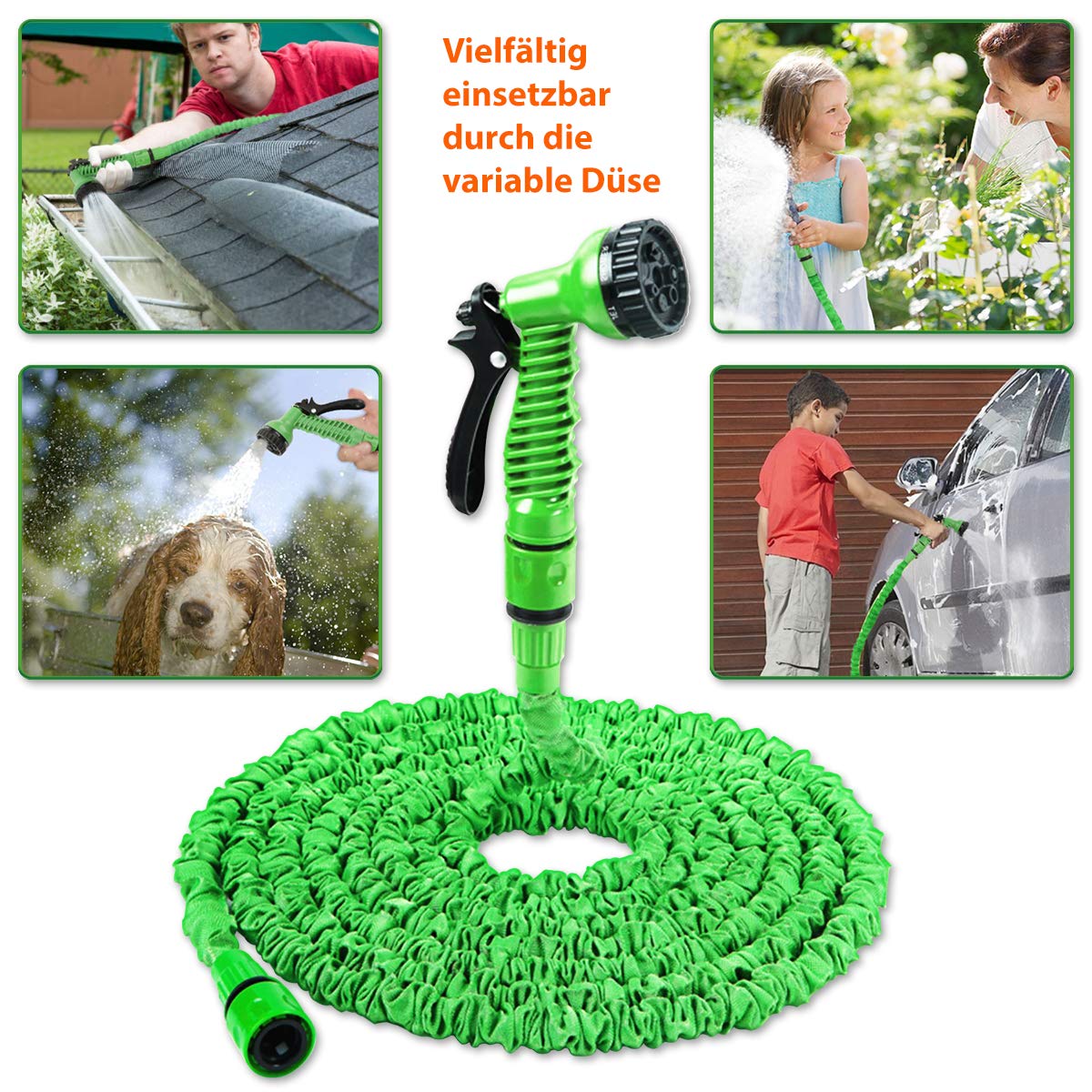 UC-Express Gartenschlauch Flexibel 60m - 200ft, Grün, Polyester, Dehnbar, Bewässerung, Multifunktionsbrause, Adapter, Platzsparend, Haus, Garten, Auto, Wohnmobile