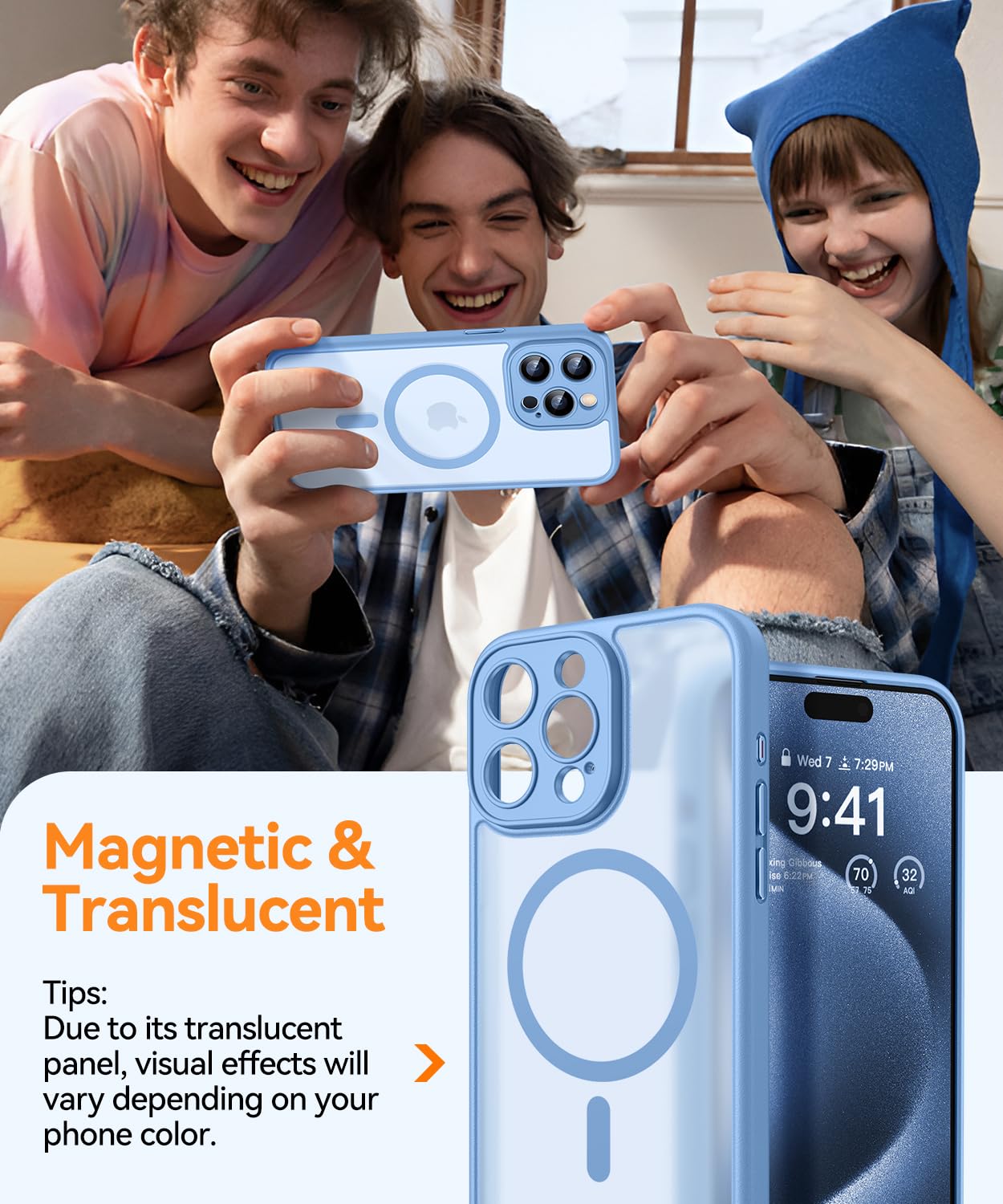 CANSHN Cover Magnetica per iPhone 15 Pro, Compatibile con MagSafe, [Protezione Completa Della Fotocamera], Custodia Traslucida Opaca Protettiva Sottile Antiurto 6,1 Pollici - Azzurro