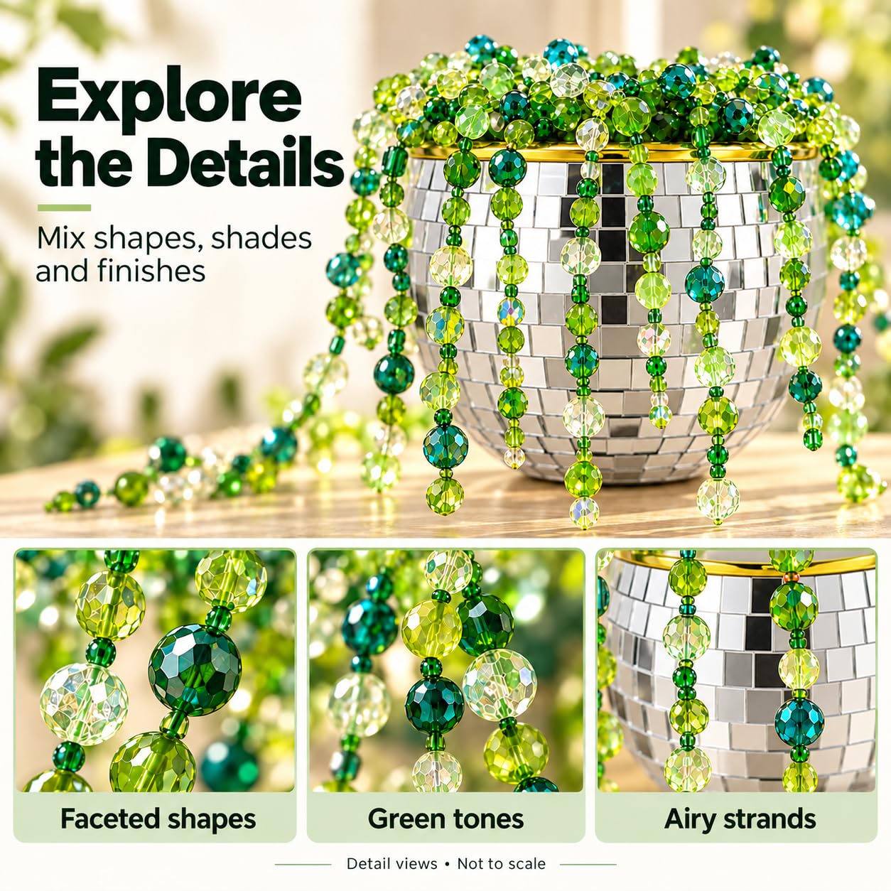 Kit de 5060 plantes vertes avec pot de fleurs disco miroir, kit d'artisanat pour plantes éternelles avec perles de verre, chaîne de suspension, fil floral, fil vert