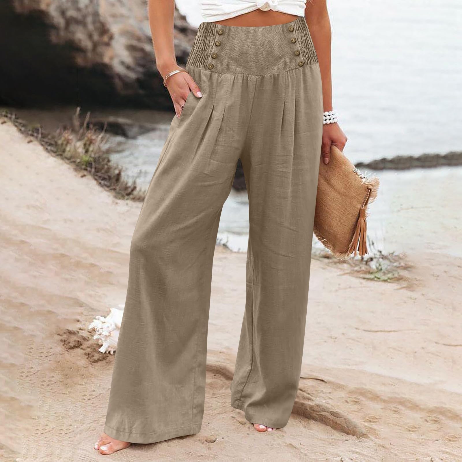 Women's Cotton Linen Casual Pants Wide Leg Smocked Waist Palazzo Pant Pockets Button Loose Beach Baggy Flowy Trousers Khaki L