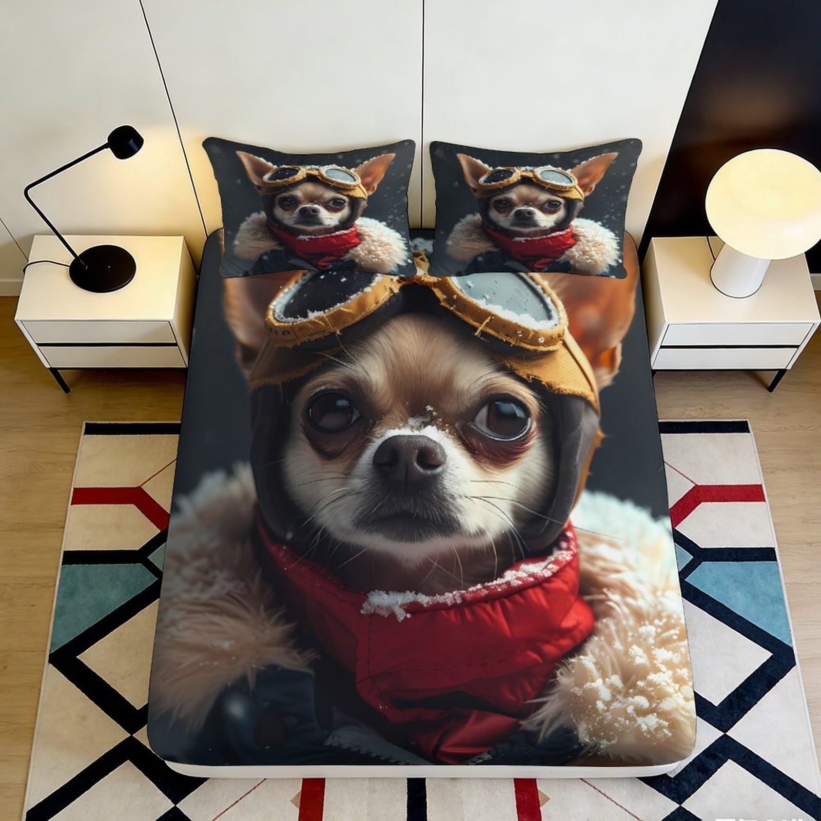 3D Printed Dog Aviator Fitted Sheet Microfiber Non-Slip Cartoon Animal Mattress Cover for Bedroom Guest Room Decor 90x200x25cm