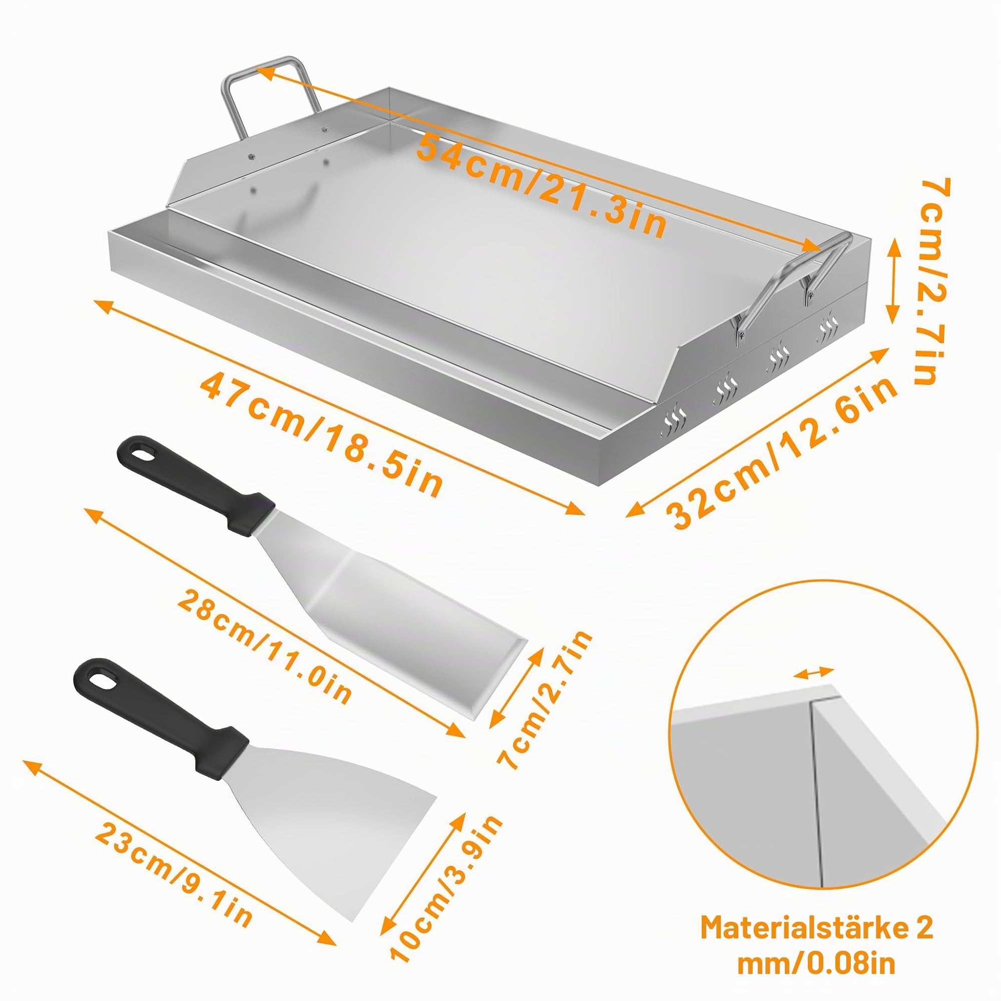 FIVMEN Plancha Grillplatte Edelstahl 54x32 cm Universal Grillpfanne Grill Platte mit 2 Grillspachtel Grillschale Grillplatten Edelstahlplatte Grill für BBQ Gasgrill Holzkohlegrill, mit 2 Griff