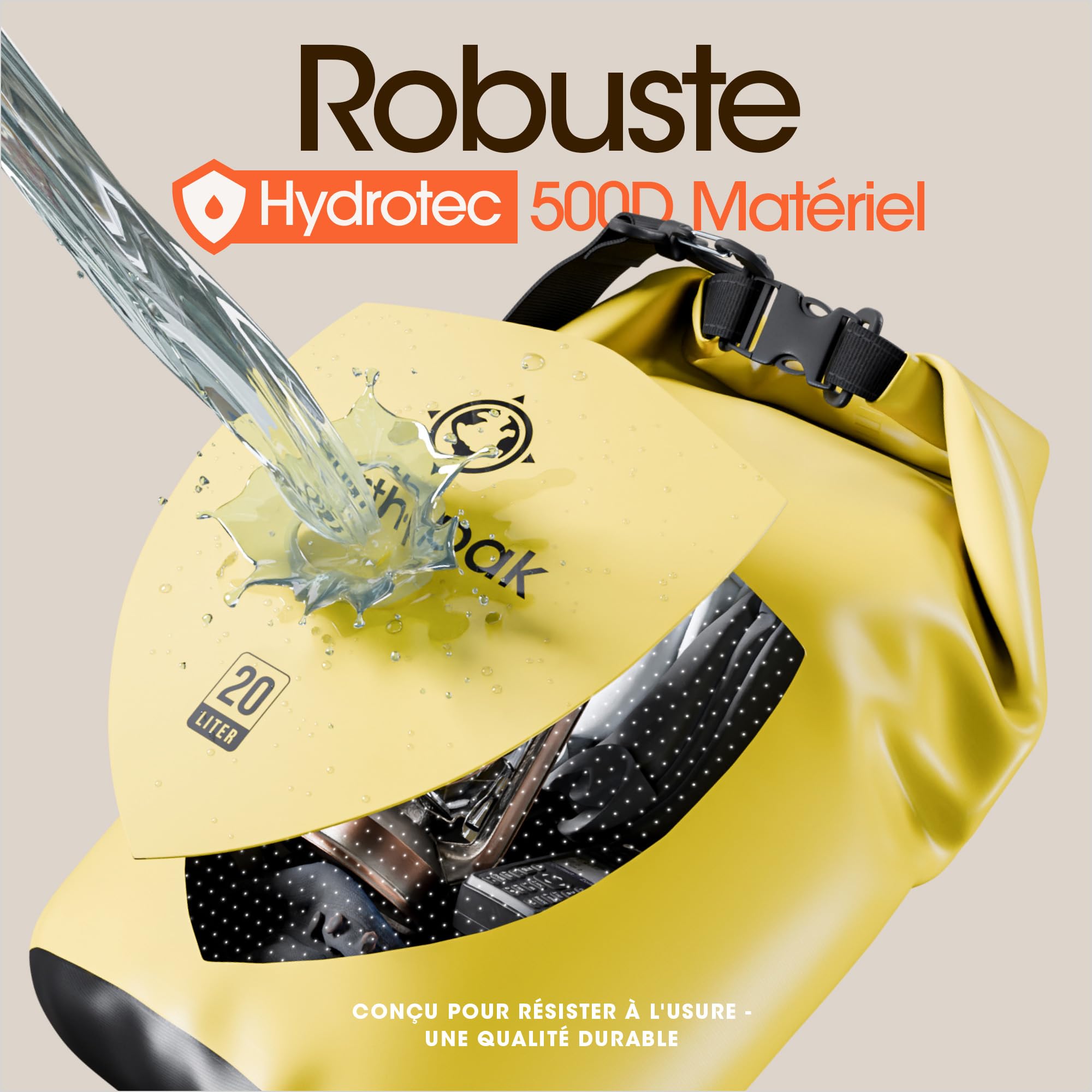 Sac Étanche 30L - Kayak Bateau Canoë Pêche Rafting Natation - Dry Bag | PVC 500D imperméable, coutures thermosoudées pour garder vos affaires au sec. Disponible en 30L, coloris Jaune.