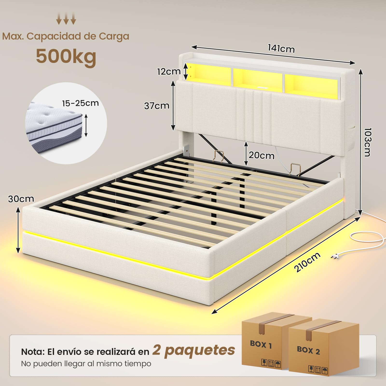AOGLLATI Cama Matrimonial 140x190 cm con Almacenamiento Hidráulico, Lino | Marco de Cama con 270° Luces LED, Somier Estructura de Cama con Estación de Carga Cama Canape con Cabecero Beige