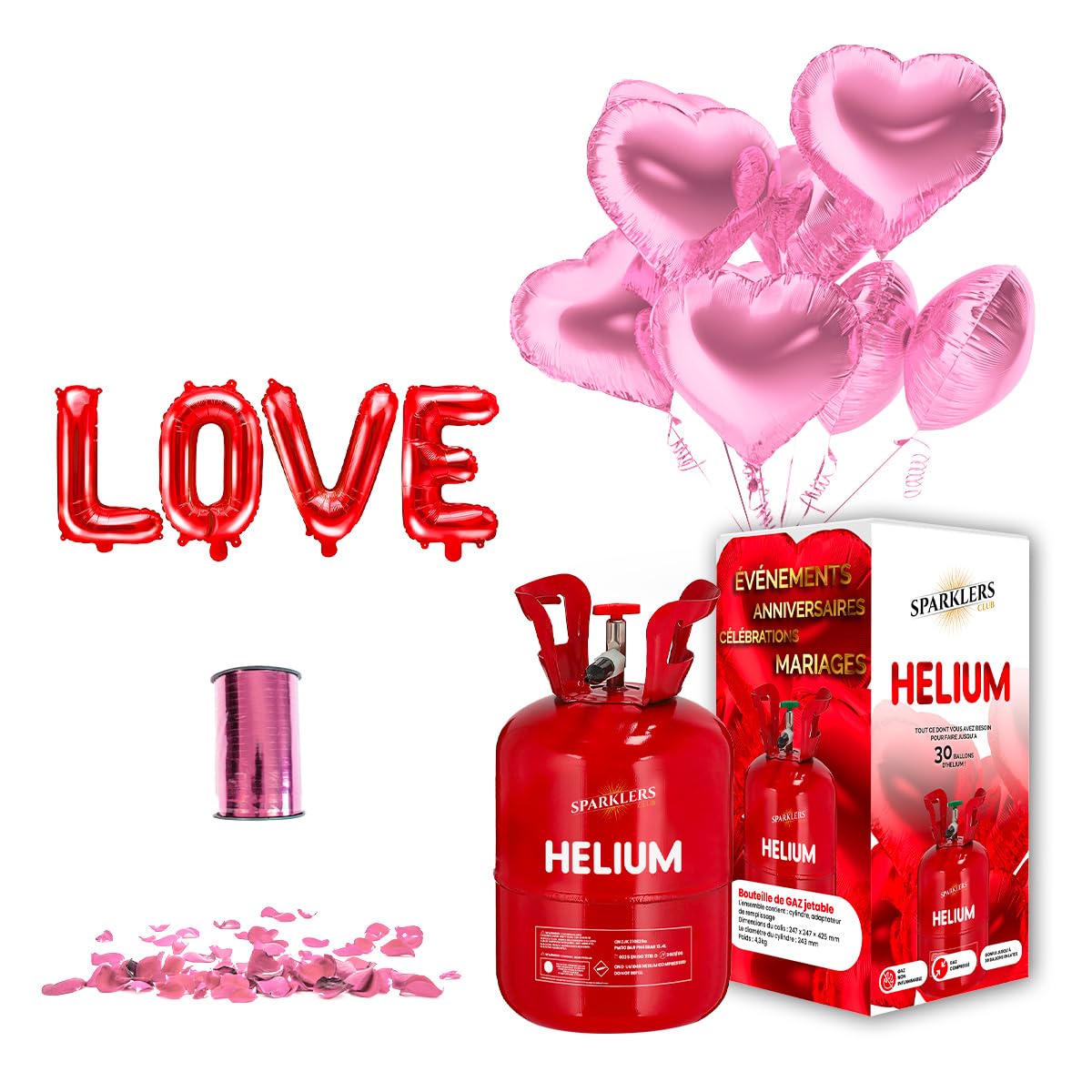 SPARKLERS CLUB Pack My VALENTINE PINK HEART - Globos de corazón rosa (x10) + botella de helio + 100 pétalos de rosa roja + Globo Love + Cinta de amantes, ideal para San Valentín