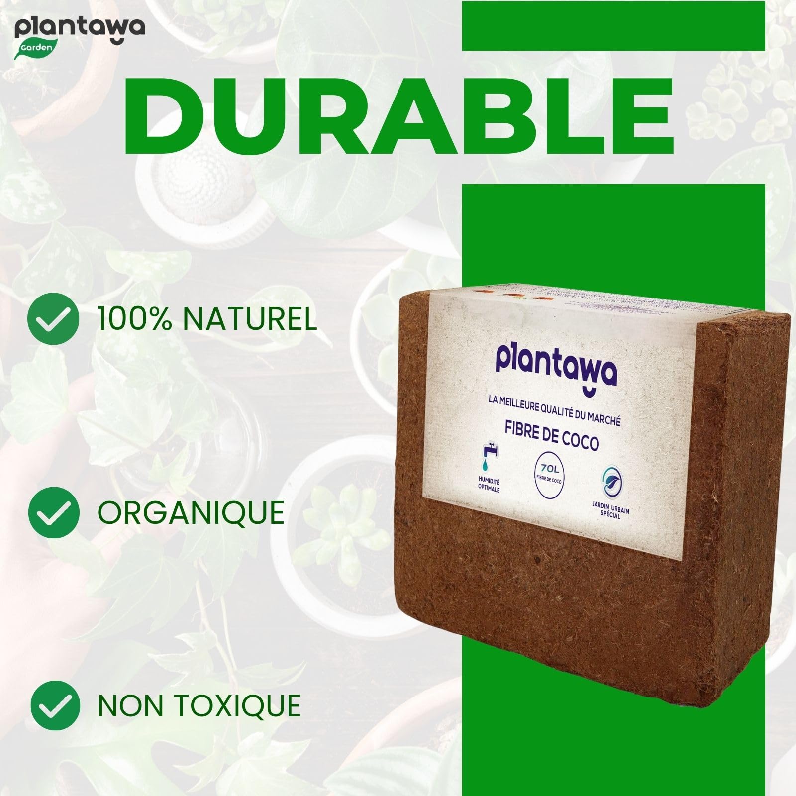 PLANTAWA Fibre de Coco Organique Bloc 5 kg 70 l – Brique compacte – Terre pour Plantes – Utilisation de Potager Urbain terriaire pour Plantes extérieures Turba pour Pots de Fleurs
