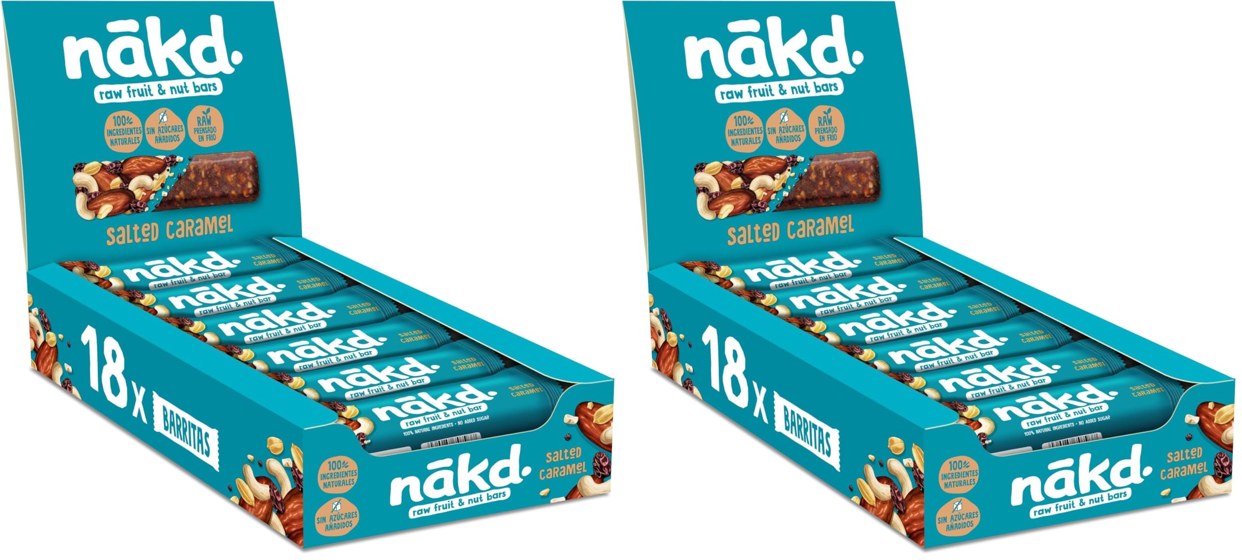 Nākd. Salted Caramel - Barritas Raw de Fruta y Frutos Secos - 100% Ingredientes Naturales - Sin Azúcar Añadido - 18 x 35g (Paquete de 2)