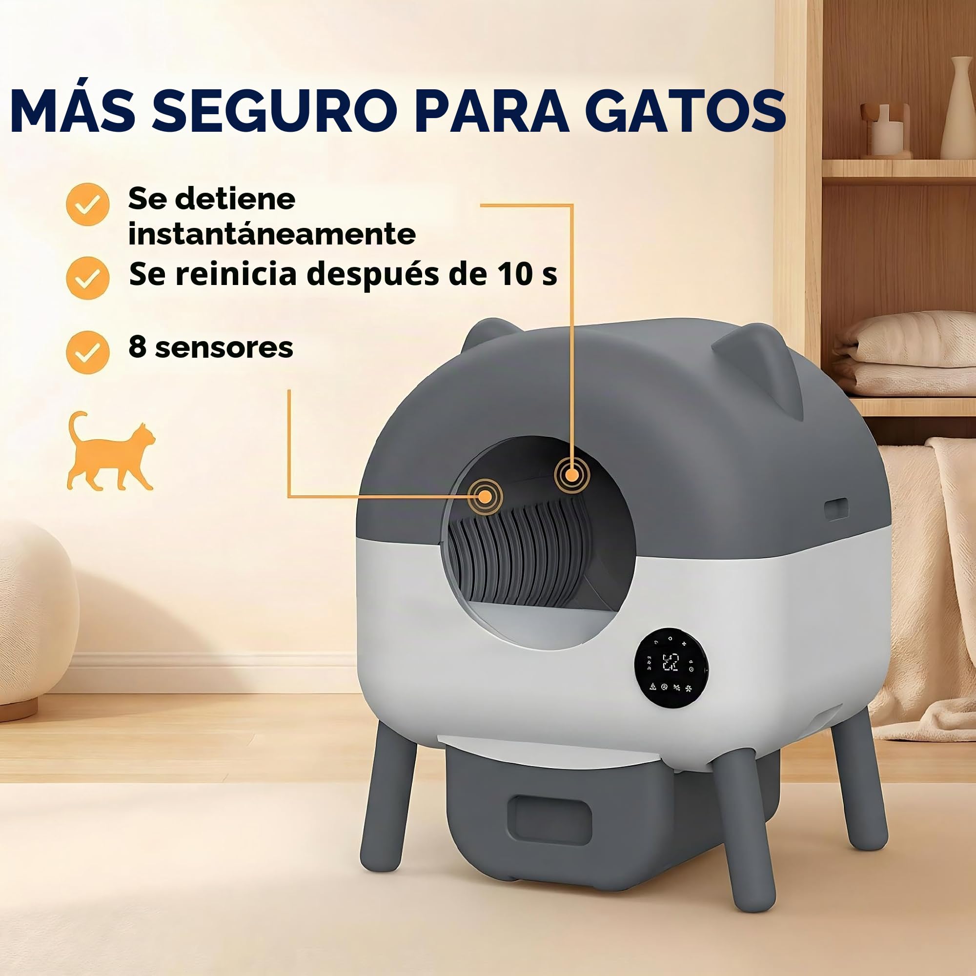 Garvee Arenero para Gatos con autolimpieza de 76 l, Inodoro para Gatos XXL, con sensores Inteligentes de Seguridad, Control por aplicación, antiolor, iluminación LED Nocturna, Ideal para Varios Gatos