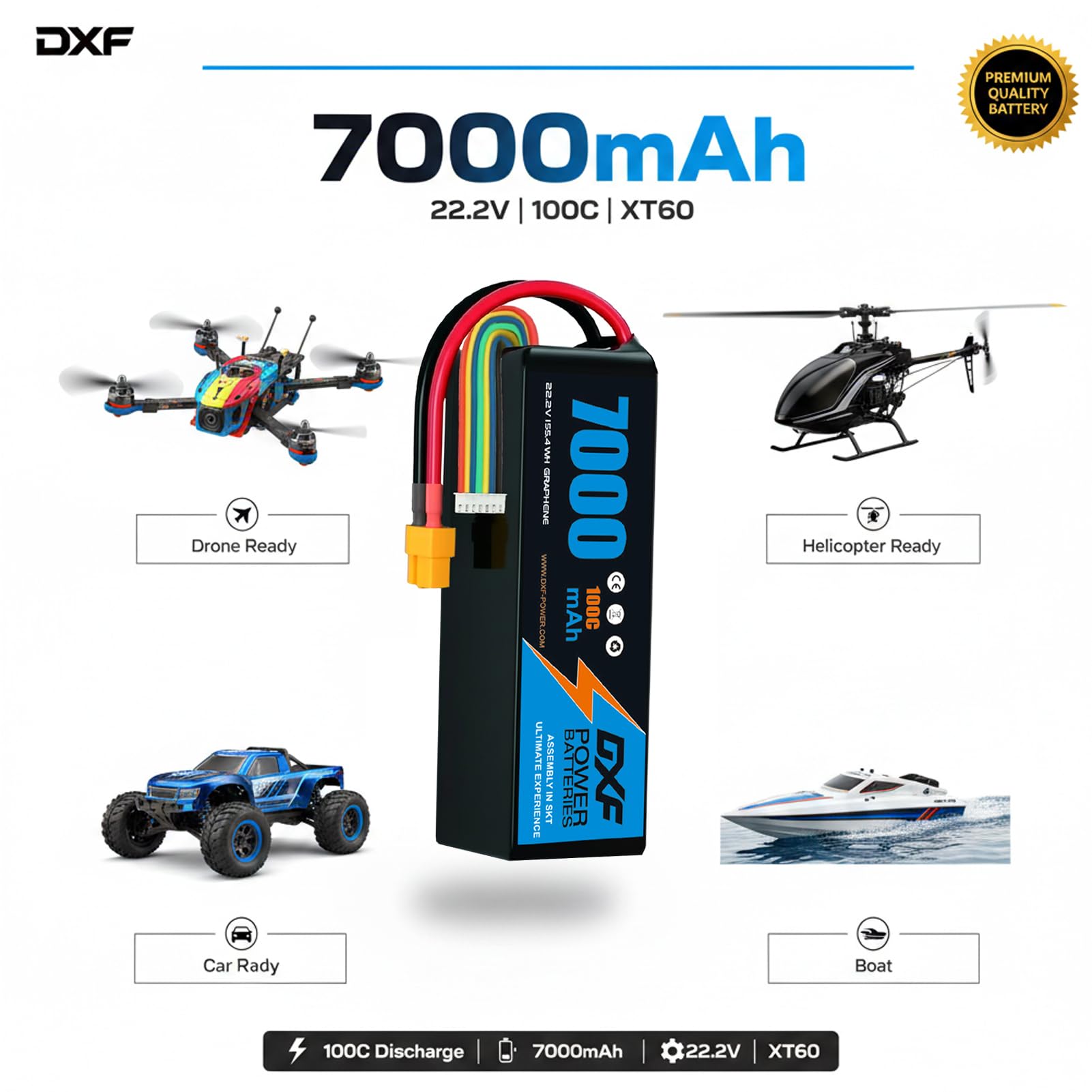 DXF 1 confezione di BATTERIA LIPO, BATTERIA LIPO 6S con 22,2 V, 7000 mAh, scarica 100 C, connettore XT60, per droni, aerei RC, camion, elicotteri e altro, LIPO 6S, 6S LIPO, batteria in formato 6S1P