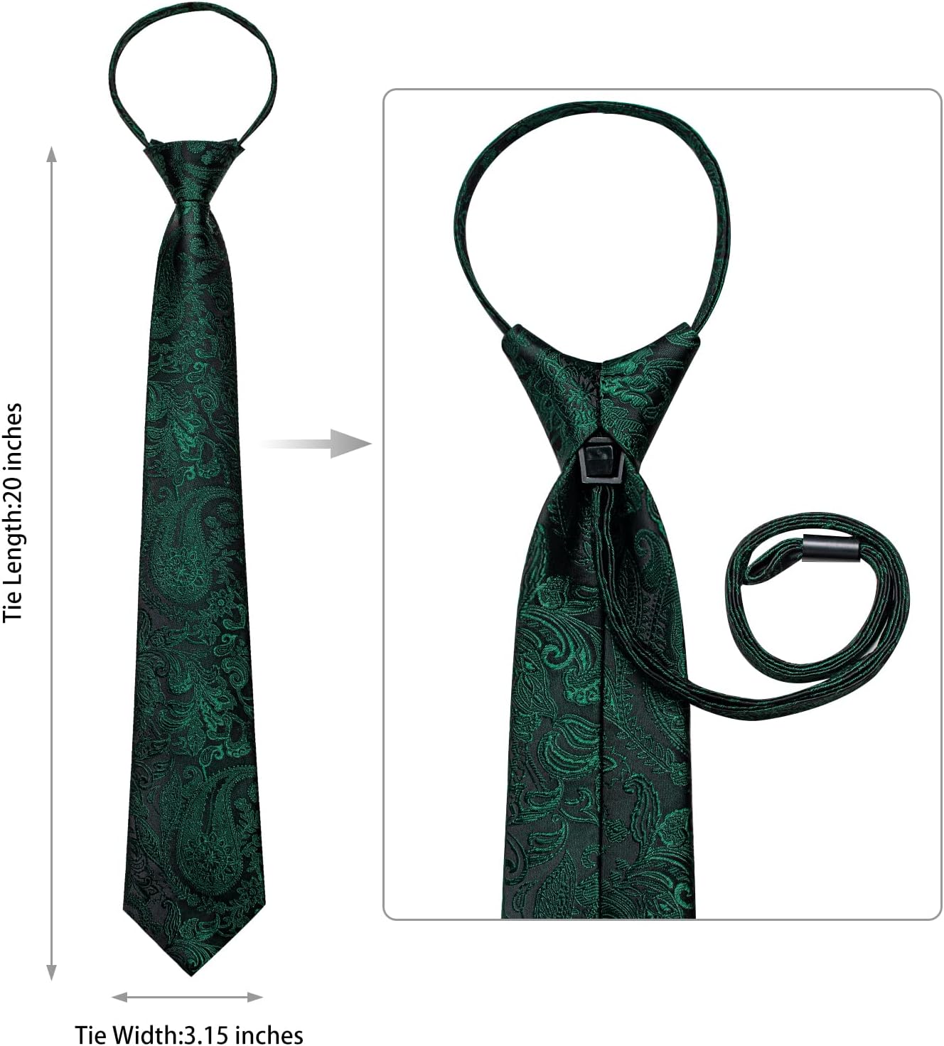 DiBanGu Silk Zipper Ties for Men,Paisley Solid Plaid Pre-tied Tie and Pocket Square Cufflinks Set Formal Adjustable Necktie - Image 5