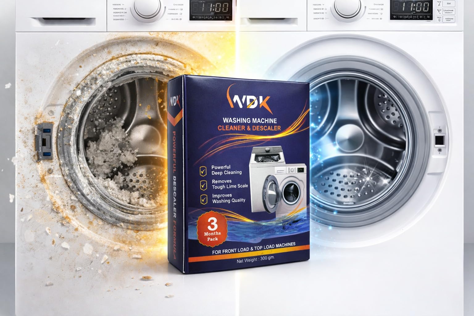 WDK Washing Machine Cleaner Powder | 3 Pack 300g | Drum Descaler | Removes Limescale, Dirt & Bad Odor | For Front & Top Load Washers-image-2