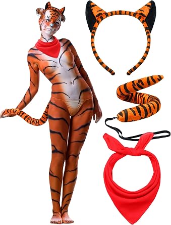 3 Pcs Tiger Costume Set, Ear Headband Tail Red Bandana, Party | Striped Plush Ears Tail with Elastic, Red Bandana, for Adult Halloween Cosplay Parties, Easy Mascot Costume Accessories