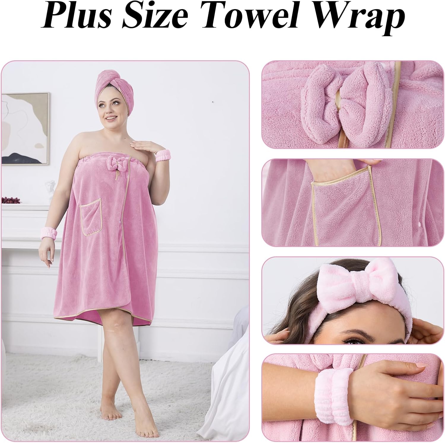 Plus Size Women’s Towel Wrap, Size of 80CM X 160CM, Adjustable Body Wrap Towel and Hair Drying Towel for Women, Quick Dry Coral Fleece, Use for Women to Spa, Shower, Bath and Gym. Pink Color.