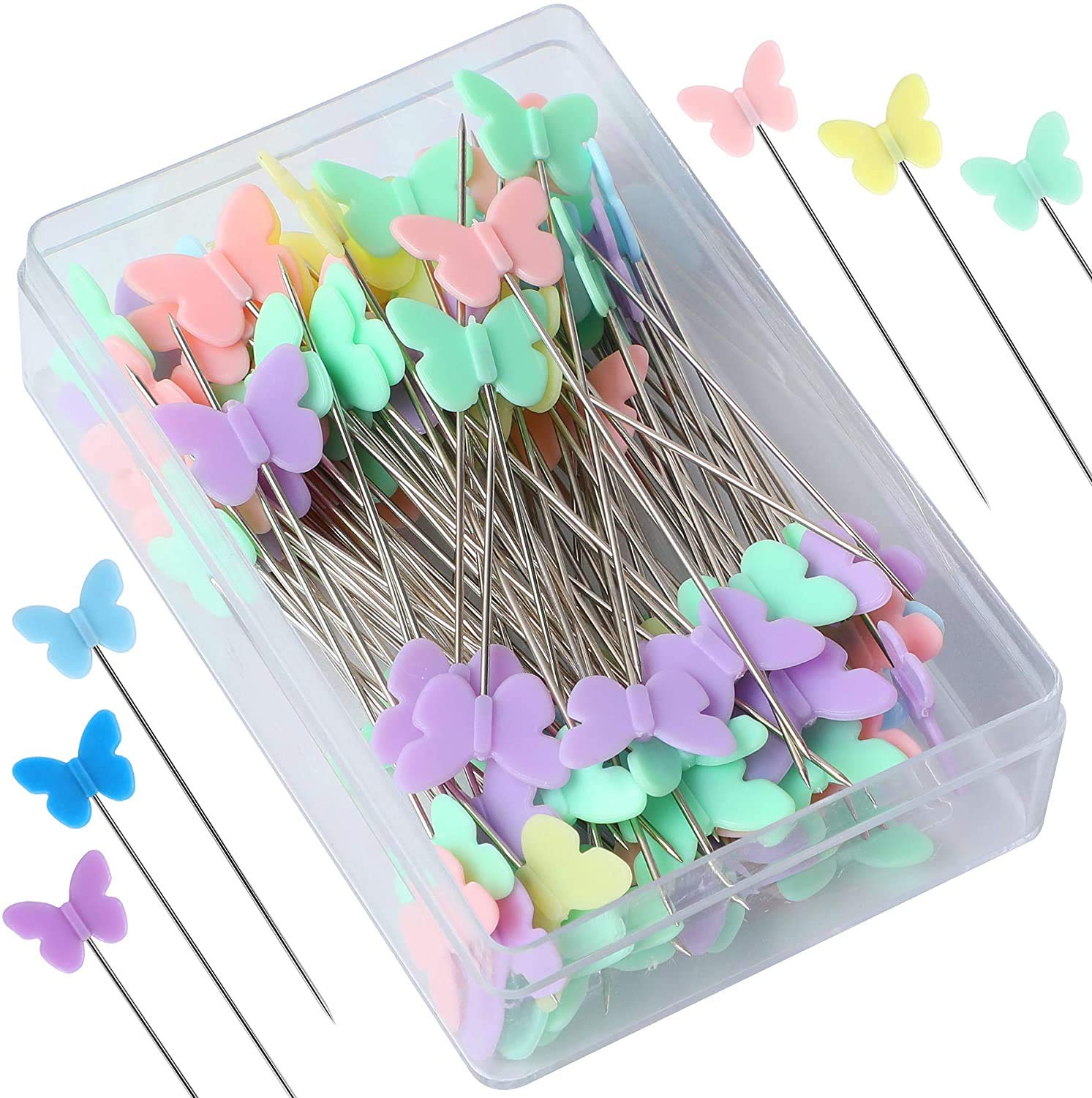 DELFINO Sewing Pins, Flat Butterfly Head Straight Pins for Sewing DIY Projects, Multicolor Corsage Stick Pins for Dressmaker Jewelry Decoration (100, 2.16in )