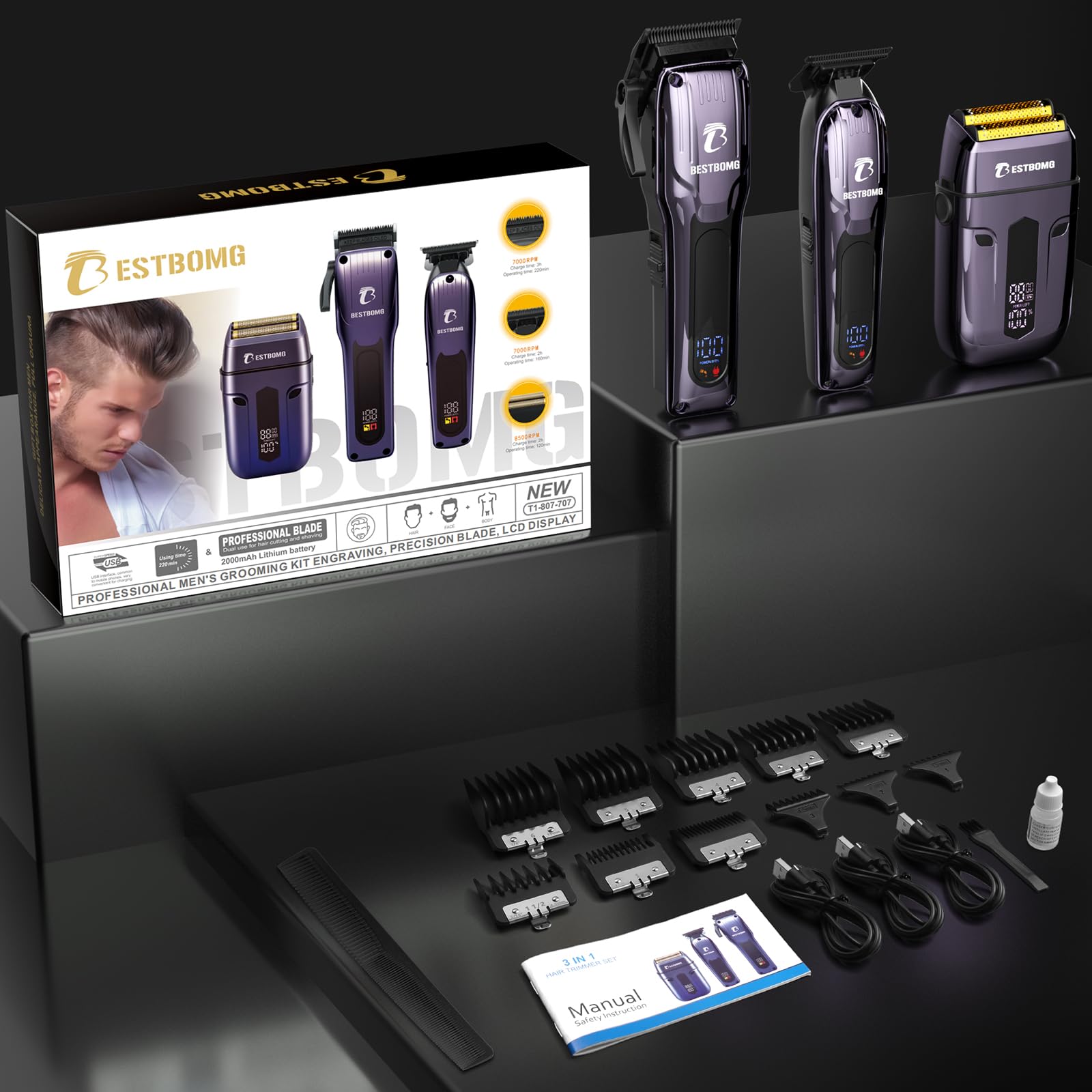 BESTBOMG® Haarschneidemaschine für Männer, professionelle Haarschneidemaschine, Bartschneider & wiederaufladbares Rasierer-Set, Metall-T-Klinge, LED-Display, Friseur-Haarschneide-Set für Männerpflege