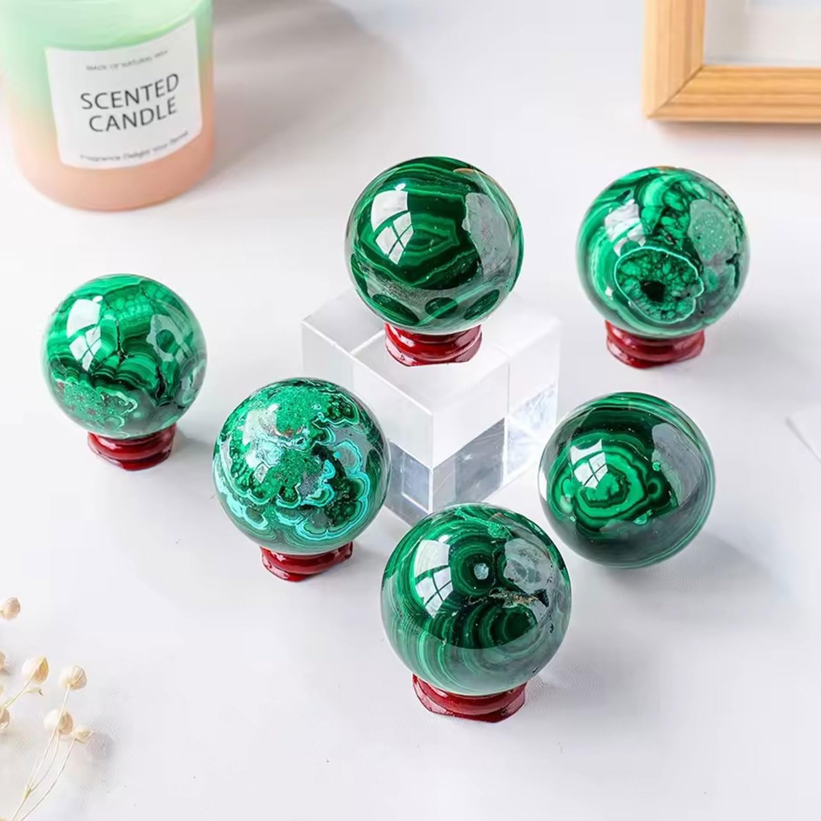 Sfera di Cristallo con Sfera di Malachite Verde, Statuetta con Scultura a Sfera in Pietra preziosa curativa Naturale con Supporto per Decorazioni per la casa,40~45mm