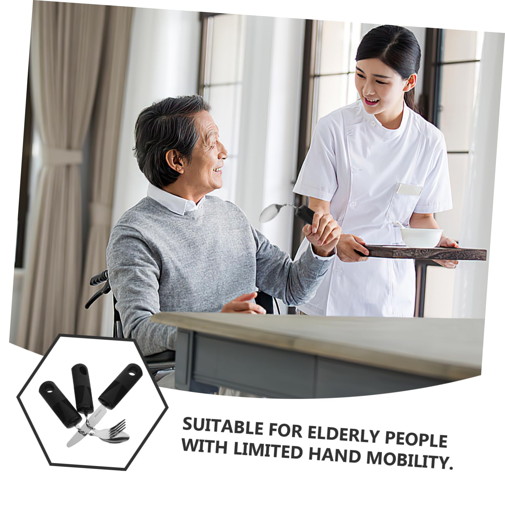 HAPINARY Daptive Utensils for Elderly Anti-Tremor Spoon Fork Set Weighted Silverware for Hand Elderly Feeding Tableware Black