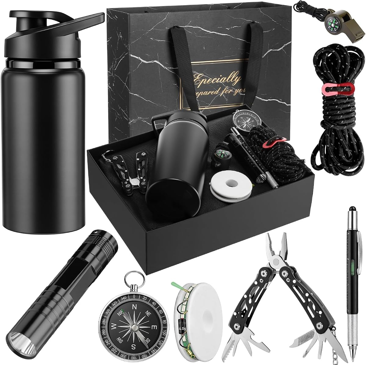 Gifts Set for Men, Father's Day Birthday Gifts Basket for Men, Survival Gift Box Kit for Mens, 16oz Tumbler Multitool Flashlight Compass, Thank You Present for Him Dad Husband