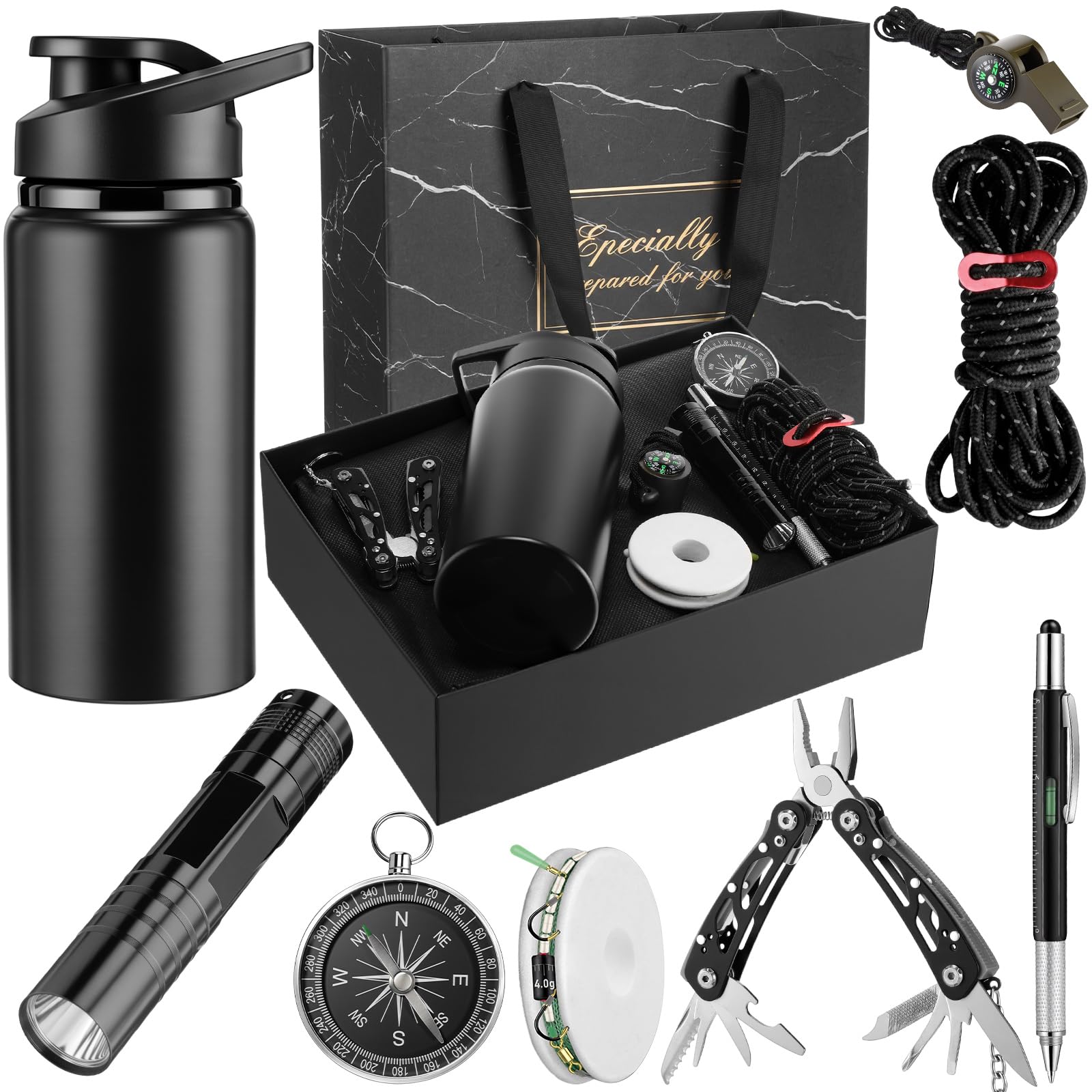 Kit de survie 9 pièces, panier d'anniversaire pour homme, boîte pour papa, équipement d'urgence en plein air avec bouteille d'eau, lampe de poche, boussole, sifflet, cadeau de camping