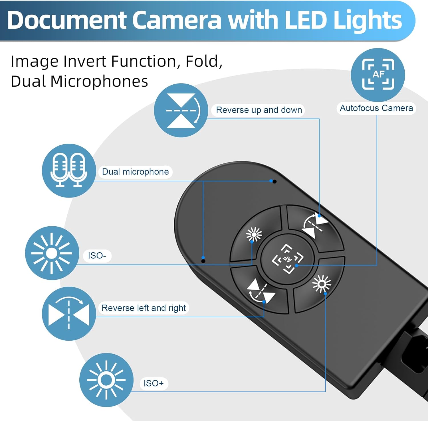 Document Camera for Teachers & Classroom 8MP HD Doc Camera & Webcam with Auto Focus LED Light Built-in Mic Image Invert Fold ISO Compatible with Windows Mac Chromebook Zoom OBS Google Meet