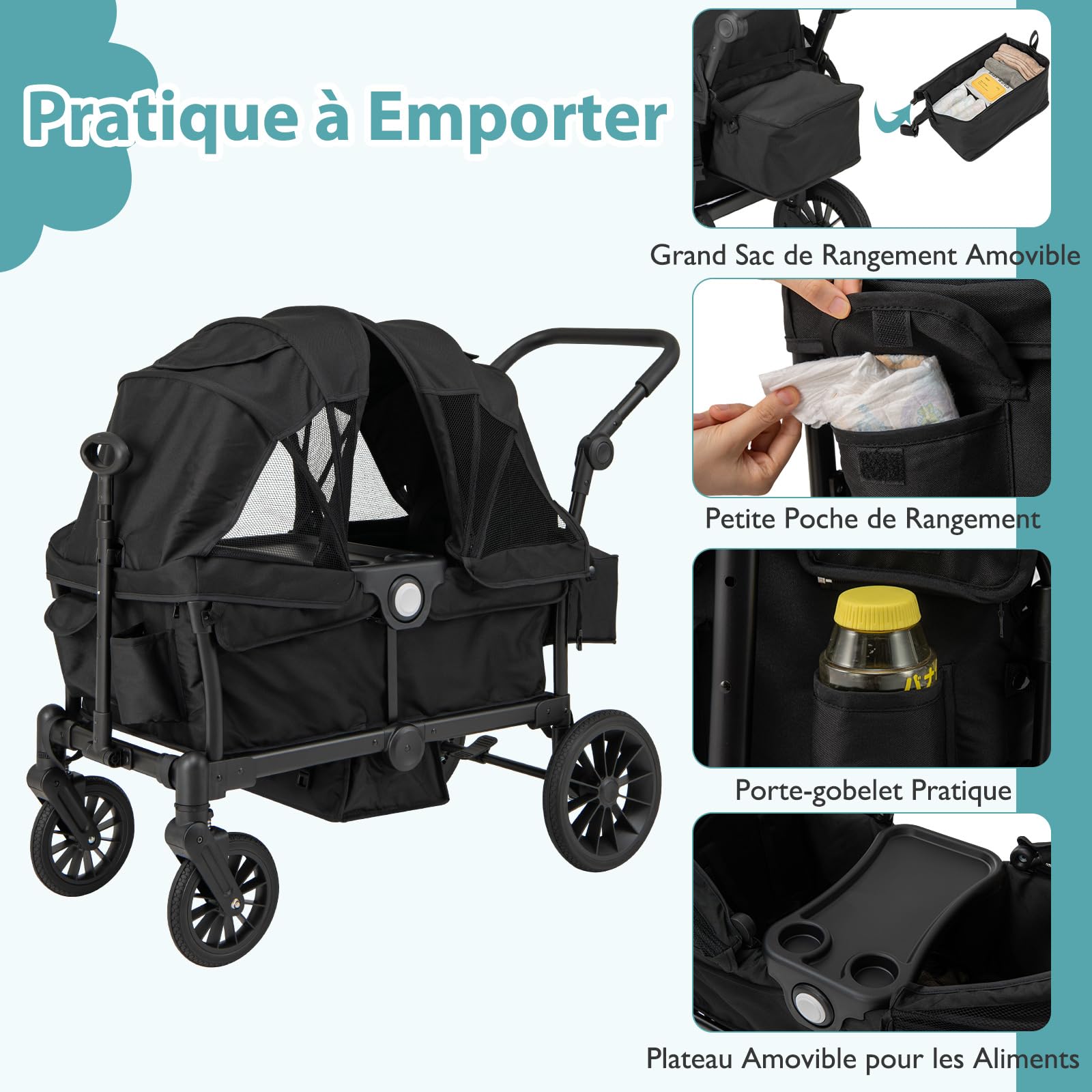 GOPLUS Poussette Double Bébé 6+ Mois, Poussette Landau Pliable avec Roues Tout-terrain, Canopée Pliable, Poignée Réglable, Ceinture de Sécurité, Espace de Rangement, Charge 25KG (Noir)