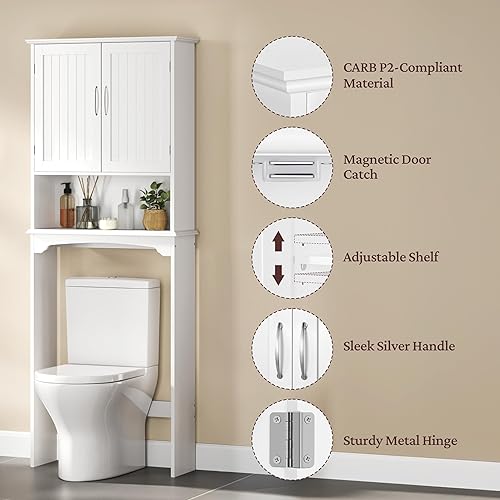 Miniatura 6 de Yaheetech Armario sobre el inodoro, organizador de almacenamiento de baño de doble puerta, estante de inodoro con estante interior ajustable y Blanco