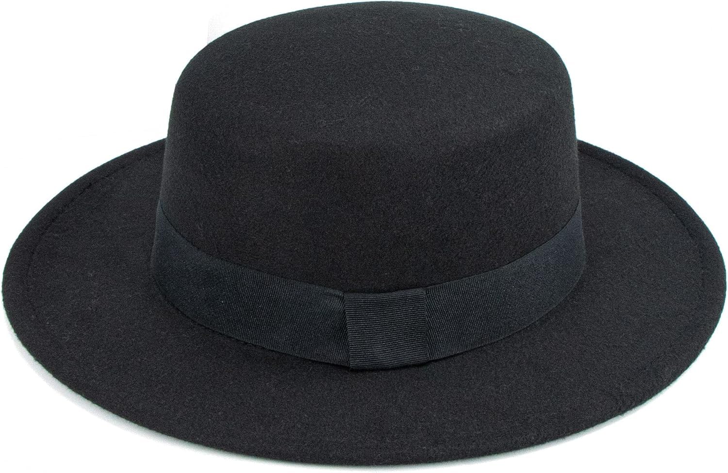 Wide-Brim Flat-Top-Pork-Pie-Hat Boater-Hat Felt-Panama-Fedora-Hat for Women Men Black