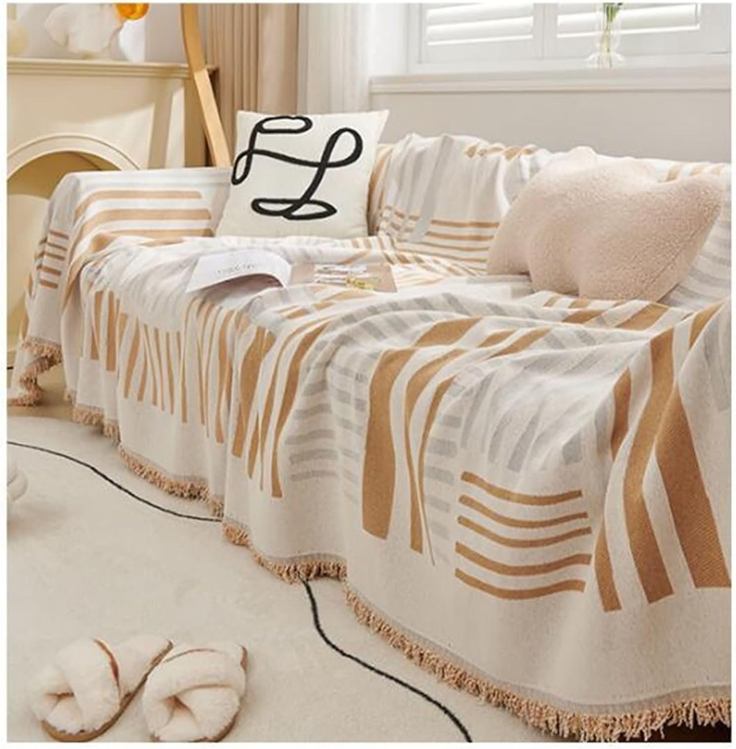 Outdoor Sofa Seat Covers for 3 Cushion Couch,71" W x 118" L,Sofa Cover Outdoor Line Striped Sofa Seat Cover Chenille Khaki Couch Covers