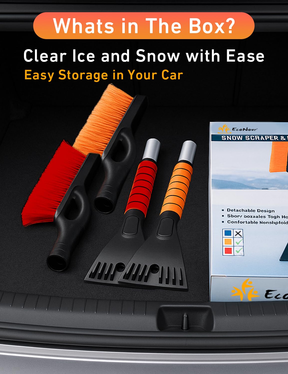 EcoNour 27" Aluminum Ice Scrapers for Car Windshield | Car Window Scraper and Snow Brush with Ergonomic Foam Grip Winter Accessories (Orange): Orange & Red 27"