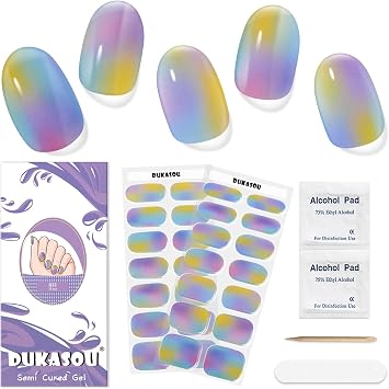 Semi Cured Gel Nail Strips,28 Pcs Gel Nail Stickers/WrapsColorful Aurora,Long Lasting Polish Stickers UV Cure,Works with UV Lamp,Easy to Apply