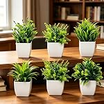 6 Packs Fake Plants Artificial Mini White Pot Houseplants Greenery Indoor for Bathroom Home Office Table Shelf Mini Plastic Potted (6, Green)