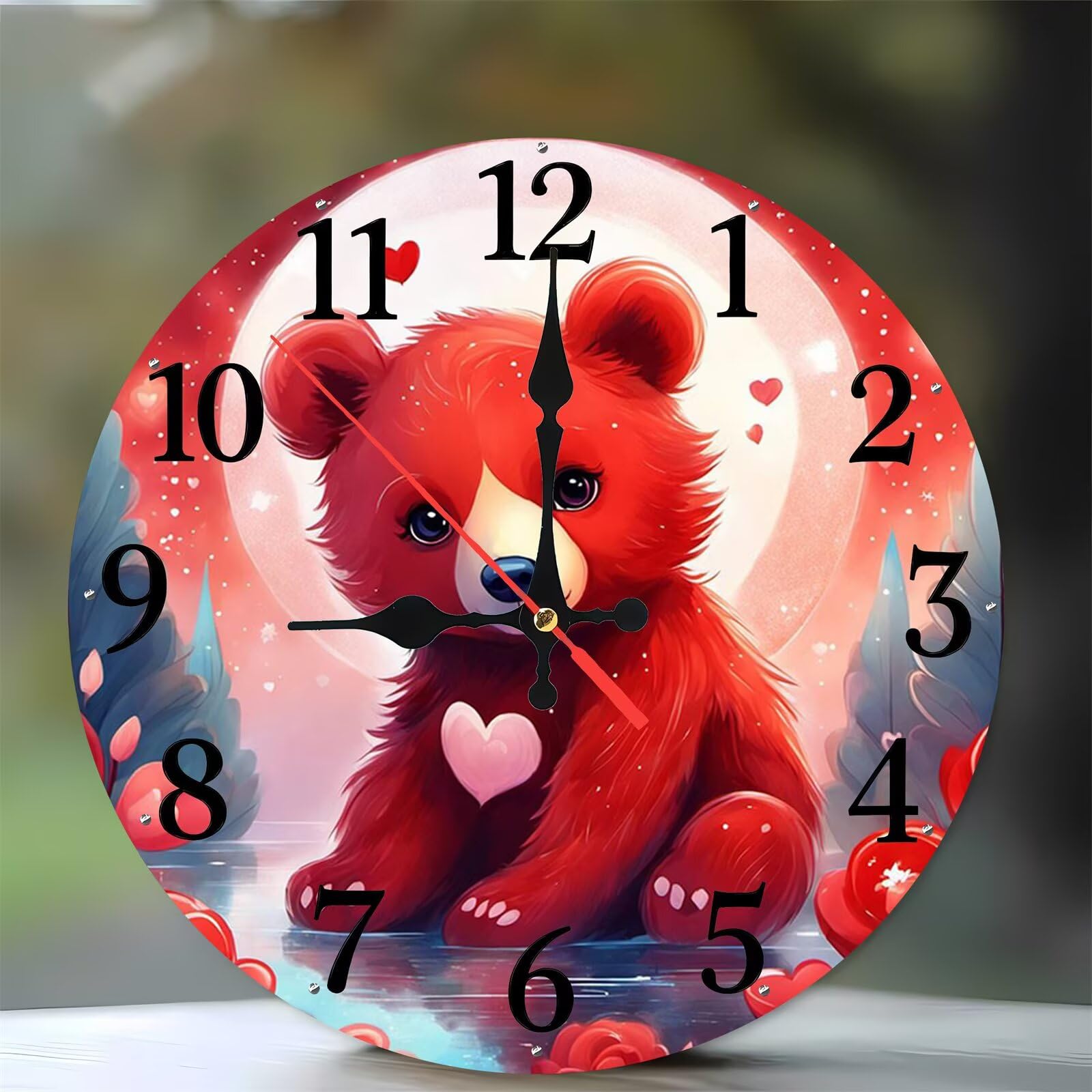 Horloge murale silencieuse sans tic-tac en bois de 35 cm ours rouge