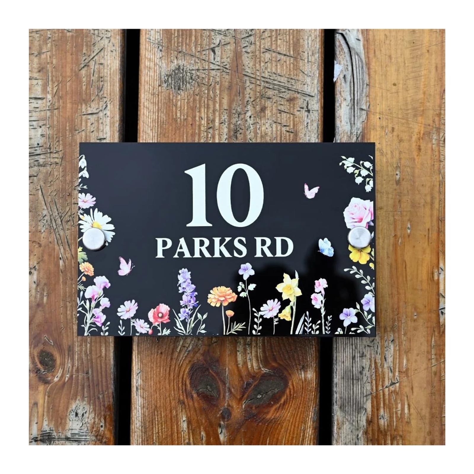 Placa de dirección flores silvestres, cartel acrílico color gris carbón for jardín, número casa moderno, 1 ud(360mm x270mm)
