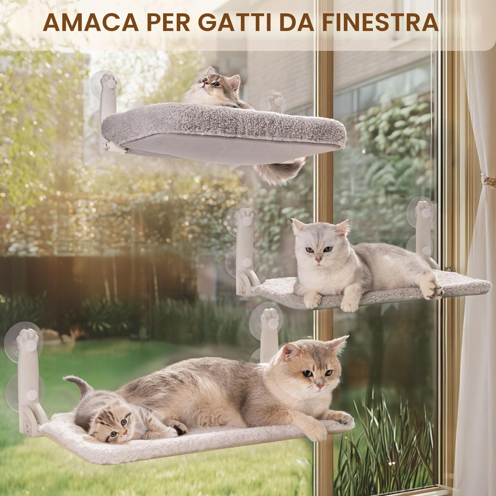 Amaca per finestra per gatti da interni, pieghevole, con tappetino reversibile, con forti ventose robuste (grigio, M)