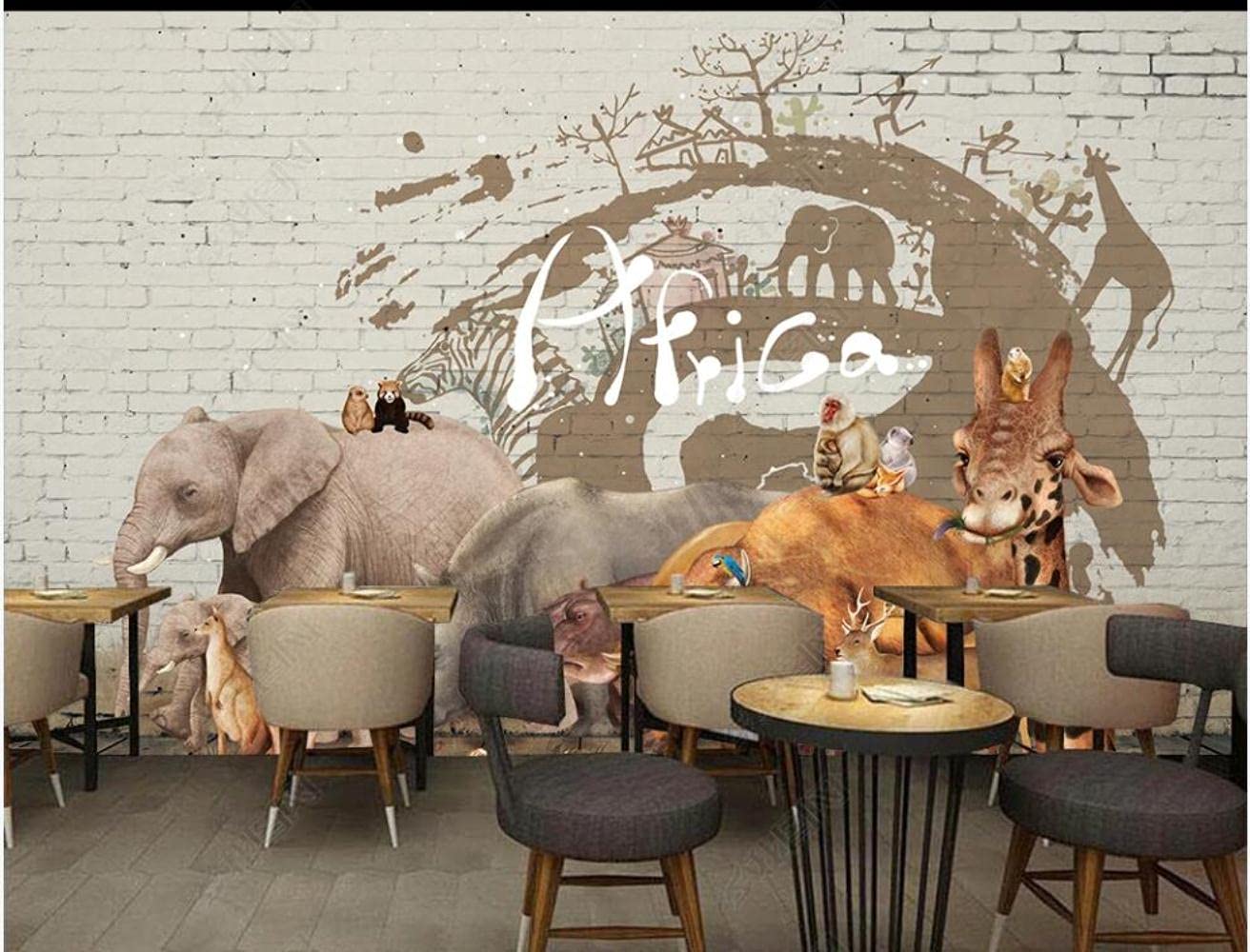 Amazon | MAZF カスタム壁画3d写真壁紙アフリカの草地動物レンガ壁