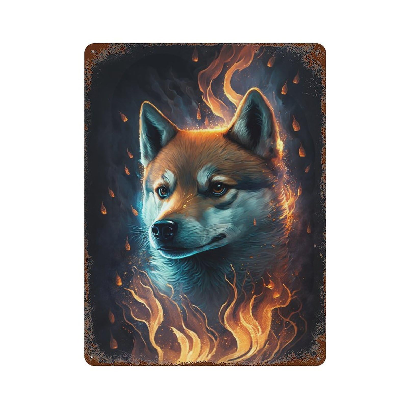 Flaming Wolf Spirit Art Print -1 Weathered Tin Sign 15.7"x11.8", Rustic Home Decor for Garage, Pub Or Kitchen